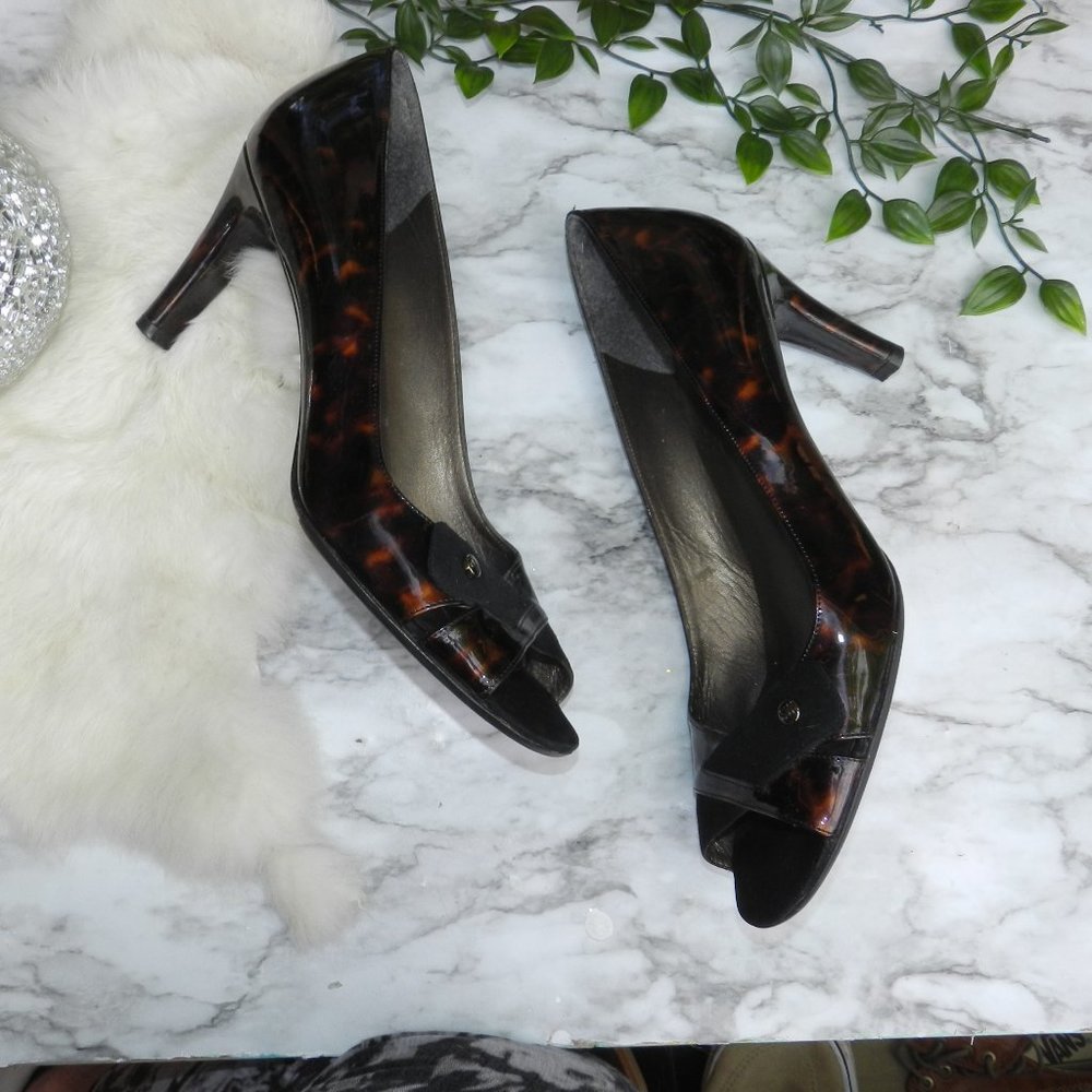 Stuart Weitzman 11 Peep Toe Tortoise Shell Heels - image 2